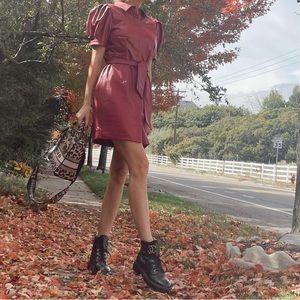 Rachel Parcel Puff Sleeve Vegan Leather Dress - Red × 1